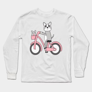 Kawaii corgi dogs riding a pink bike Long Sleeve T-Shirt